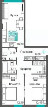 2-к квартира, строящийся дом, 64м2, 1/9 этаж