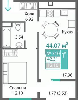 1-к квартира, вторичка, 42м2, 3/9 этаж