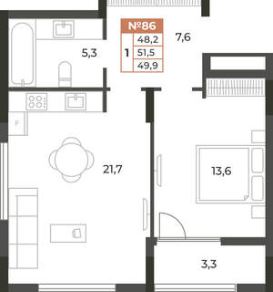 1-к квартира, вторичка, 50м2, 2/8 этаж