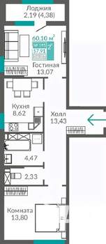 2-к квартира, строящийся дом, 58м2, 12/16 этаж