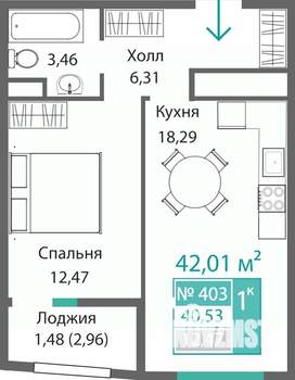 1-к квартира, строящийся дом, 42м2, 4/9 этаж