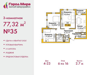 3-к квартира, вторичка, 77м2, 6/16 этаж