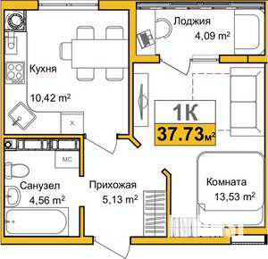 1-к квартира, сданный дом, 34м2, 6/9 этаж