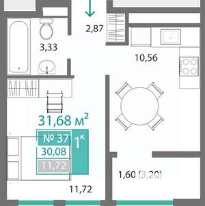 1-к квартира, строящийся дом, 30м2, 6/7 этаж