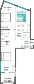 2-к квартира, строящийся дом, 67м2, 6/9 этаж