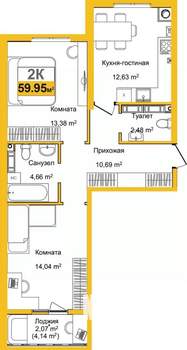 2-к квартира, вторичка, 60м2, 2/9 этаж