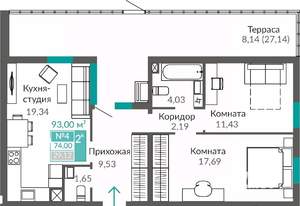 2-к квартира, строящийся дом, 74м2, 1/9 этаж