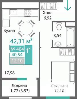 1-к квартира, строящийся дом, 42м2, 1/9 этаж