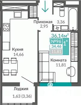 1-к квартира, строящийся дом, 34м2, 6/9 этаж