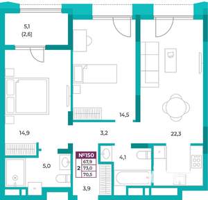 2-к квартира, вторичка, 71м2, 18/20 этаж
