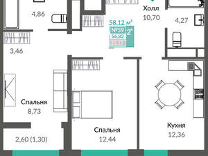 2-к квартира, вторичка, 58м2, 9/16 этаж