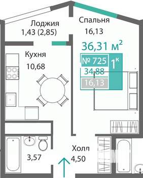 1-к квартира, строящийся дом, 36м2, 7/9 этаж
