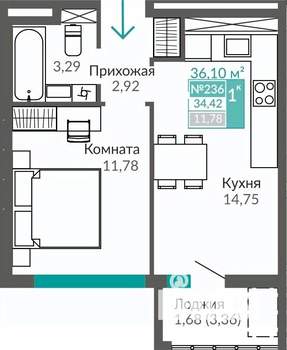1-к квартира, строящийся дом, 34м2, 7/9 этаж