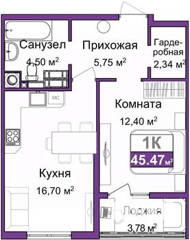 1-к квартира, вторичка, 44м2, 6/9 этаж