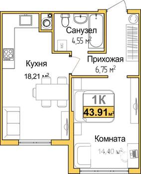 1-к квартира, вторичка, 44м2, 1/9 этаж