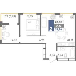 2-к квартира, вторичка, 66м2, 6/16 этаж