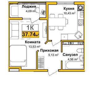 1-к квартира, вторичка, 36м2, 6/9 этаж