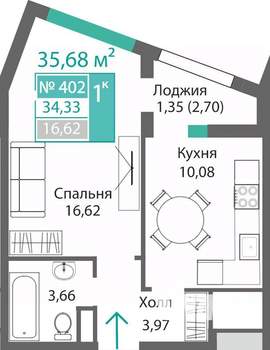 1-к квартира, строящийся дом, 36м2, 4/9 этаж