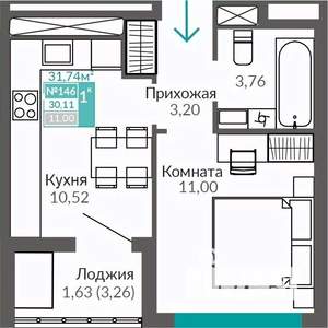 1-к квартира, строящийся дом, 30м2, 4/9 этаж