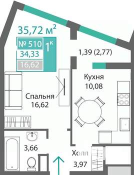 1-к квартира, строящийся дом, 36м2, 6/9 этаж