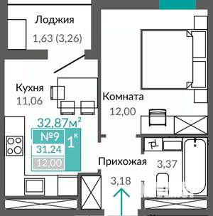 1-к квартира, строящийся дом, 31м2, 2/9 этаж