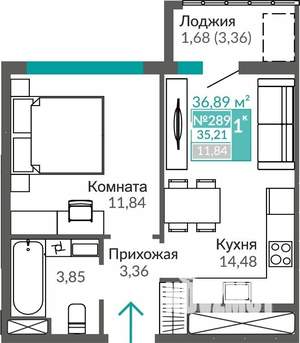 1-к квартира, строящийся дом, 35м2, 7/9 этаж