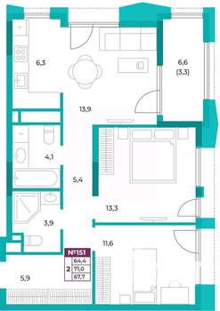 2-к квартира, вторичка, 68м2, 18/20 этаж