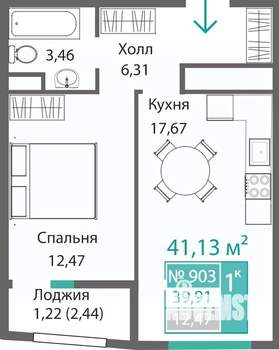 1-к квартира, строящийся дом, 41м2, 8/9 этаж