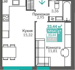 1-к квартира, вторичка, 33м2, 1/9 этаж