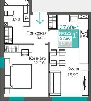 1-к квартира, вторичка, 38м2, 1/9 этаж