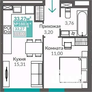 1-к квартира, строящийся дом, 33м2, 1/9 этаж