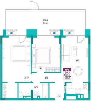 2-к квартира, вторичка, 77м2, 1/9 этаж