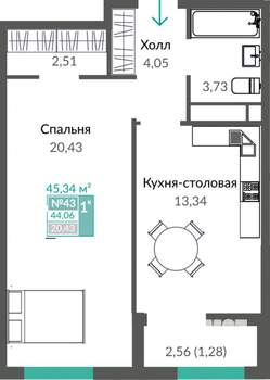 1-к квартира, строящийся дом, 45м2, 7/16 этаж