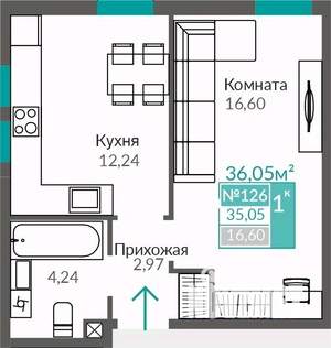 1-к квартира, строящийся дом, 36м2, 1/9 этаж