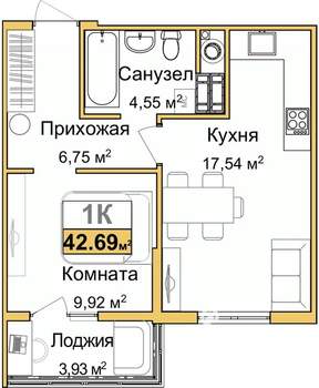 1-к квартира, вторичка, 41м2, 6/9 этаж