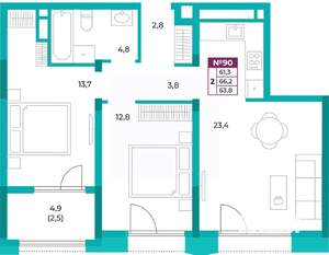 2-к квартира, вторичка, 64м2, 11/20 этаж