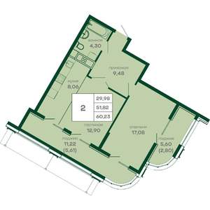 2-к квартира, вторичка, 60м2, 3/16 этаж