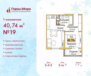 1-к квартира, вторичка, 41м2, 5/9 этаж