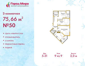 2-к квартира, вторичка, 76м2, 9/9 этаж