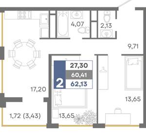 2-к квартира, вторичка, 62м2, 7/16 этаж