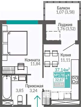 1-к квартира, строящийся дом, 33м2, 8/9 этаж