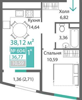 1-к квартира, вторичка, 37м2, 6/9 этаж