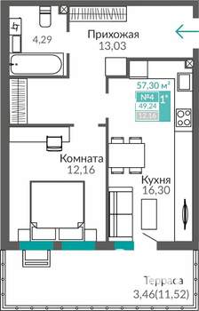 1-к квартира, строящийся дом, 49м2, 1/9 этаж