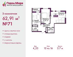 2-к квартира, вторичка, 63м2, 12/16 этаж