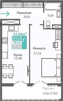 1-к квартира, строящийся дом, 49м2, 8/9 этаж