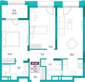 2-к квартира, вторичка, 71м2, 17/20 этаж