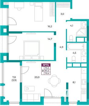 2-к квартира, вторичка, 79м2, 10/20 этаж