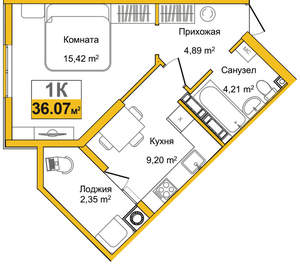 1-к квартира, вторичка, 36м2, 4/16 этаж