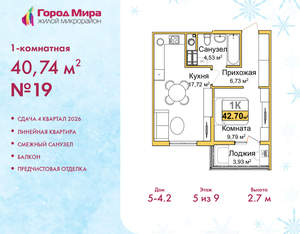 1-к квартира, вторичка, 41м2, 5/9 этаж