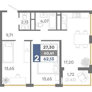 2-к квартира, строящийся дом, 62м2, 7/16 этаж